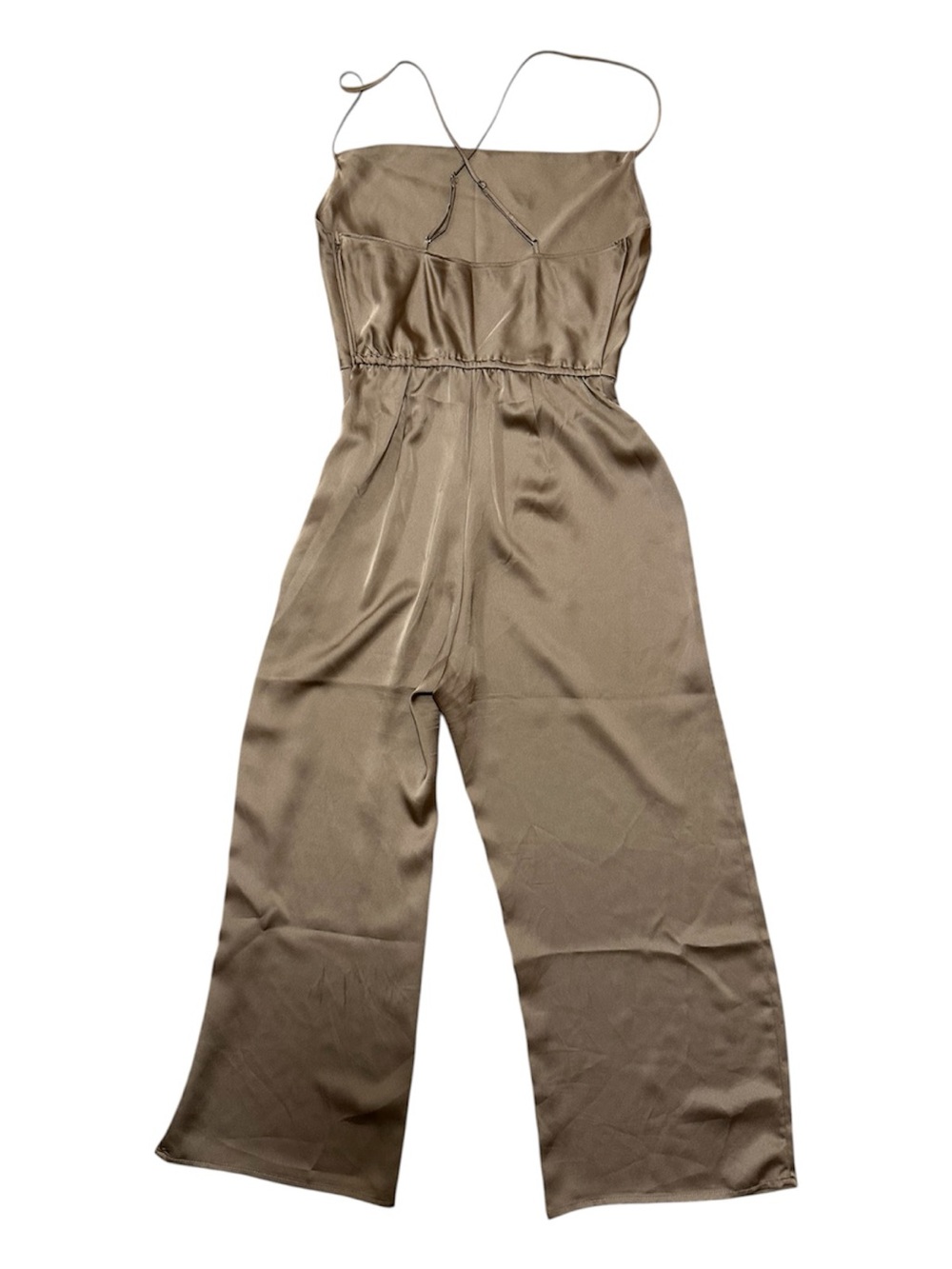 Abercrombie & Fitch Tan Gold Satin Spaghetti-Strap Wide-Leg Jumpsuit - Picture 5 of 5